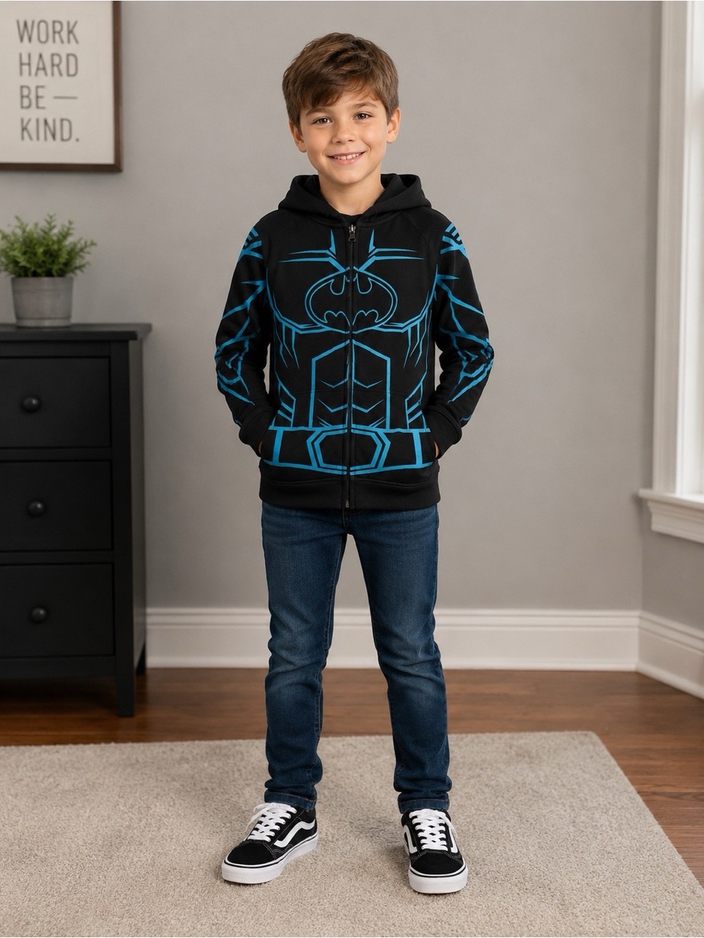Boys XS 4 5 Batman Sweatshirt with Eye Covering Hoodie Hood Full Zip Back Cape